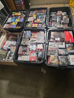 5 heavy-duty storage tots, and 1 box full of mixed action figures, collectables,  and funko pops.