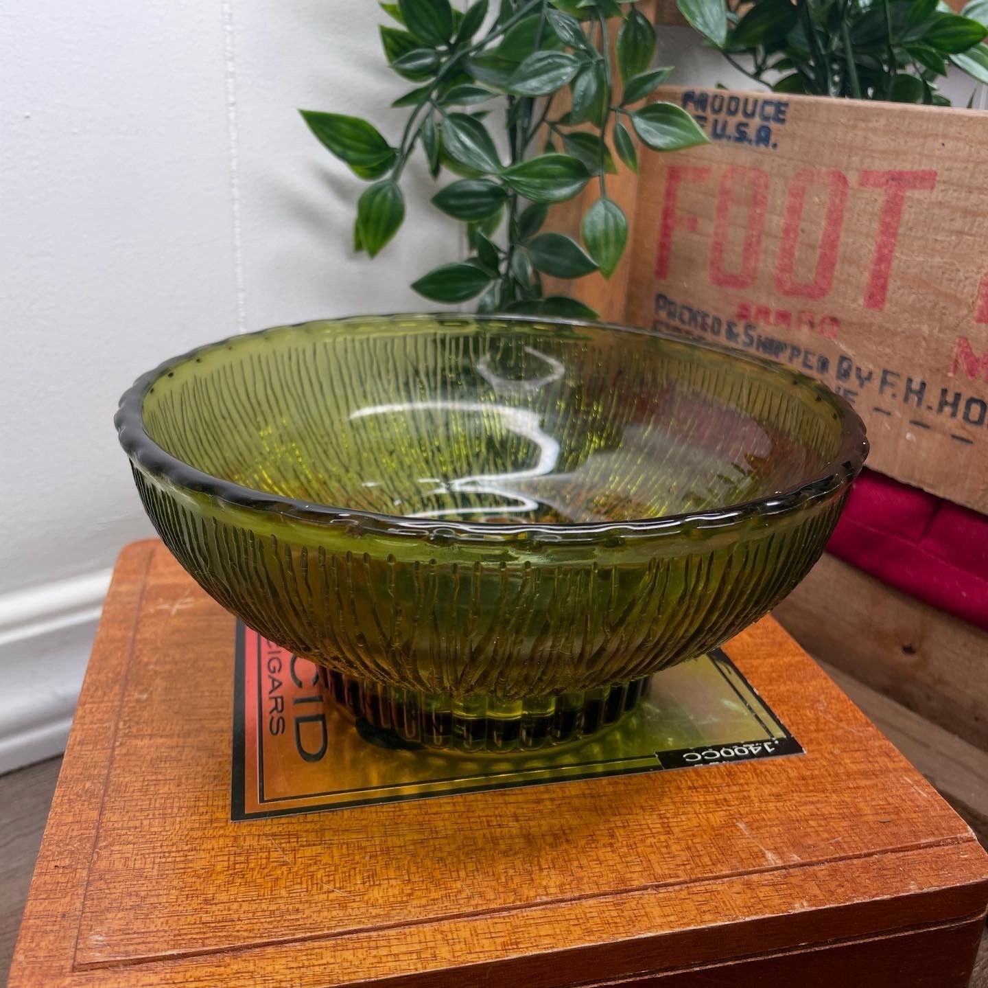 Vintage 1975 FTD Olive Green Textured Glass Bowl