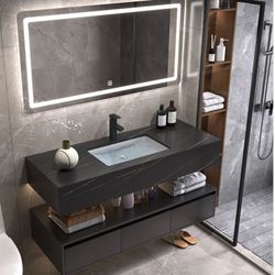 40"/48" Floating Bathroom Vanity Single Sink w/ Drawers White/Black/Gray (W/Faucet, LED Mirror) 