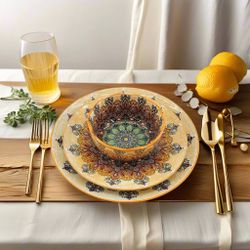 Brand New - Bohemian Orange - 12 Pc Dinnerware Dishes Set, Bohemian Boho Ceramic Kitchen Plate and Bowl for 4