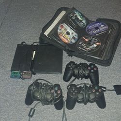 PS2 Slim, 3 Controllers, 2 Memory Card, Large Lot Of Games