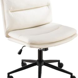Modern Faux Leather Mid-Back Office Chair without Arms, White Ribbed Padded Desk Chair with Swivel and Adjustable Height, Comfy Task Chair for Small