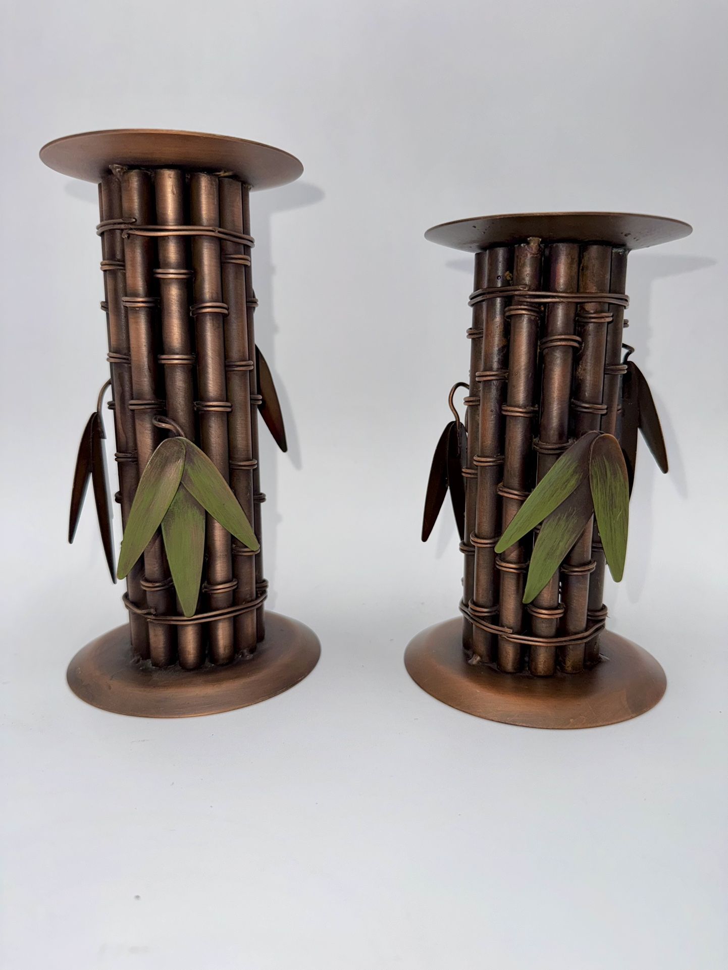 Copper Bamboo Pillar Candle Stand Set (2) Sheridan w/ Metal Accent Bamboo Leaves