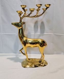 Vintage Brass Reindeer Stag 10 Taper Candle Candelabra Christmas Centerpiece 20"