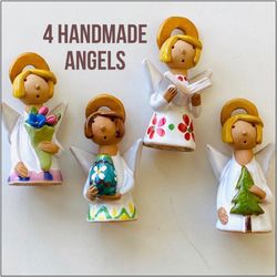 MR signed handmade clay glazed small angel figurine collectible (set of 4)