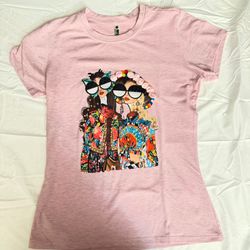 Women’s Pink Fashion Graphic T-Shirt 3D Appliqué Rhinestone Accent Size L NWOT