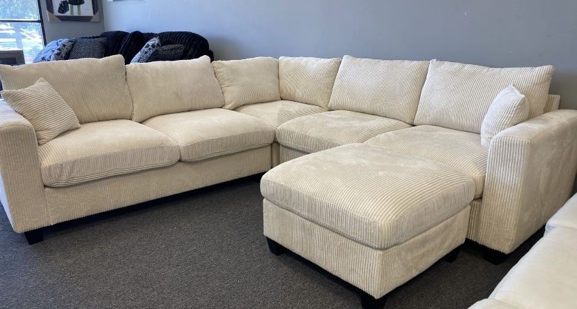 Farmhouse Sectional Includes Ottoman Plush Wide Wale Corduroy Ivory 99x99