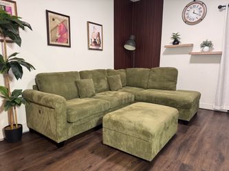 Olive Green Corduroy Sectional with Storage Ottoman – Free Delivery