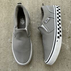 Vans Boy's Asher Checker Sidewall Drizzle Grey Slip On Skate Shoes - Size 6Y