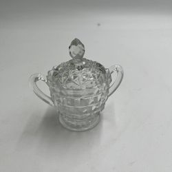 Vintage Pressed Glass Sugar Bowl with Lid Two Handles Diamond Pattern