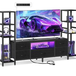 Casaottima TV Stands for 40/43/50 Inch TV, Entertainment Center with LED Lights & Power Outlets, TV Stand Living Room with 5 Fabric Drawers, TV Consol