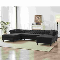 135.5-inch Modern Style Chenille Three Piece Sofa, Pull Point Design U-shaped Sofa two Chaise Longue Seats, two Pillows and Wooden feet, Suitable for 