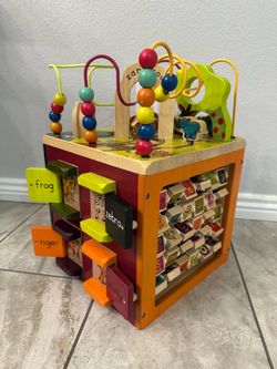 B. toys Wooden Activity Cube - Zany Zoo Educational Play with Animals, Spinners, Bead Rollercoaster, Functional Doors