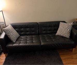 Black Leather  Sofa with Wood Legs
