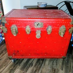 Antique Red Large Flat Top Trunk 