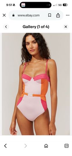 The Spencer One Piece Pink/Coral/Orange Solid & Striped Bathing Suit,  Medium