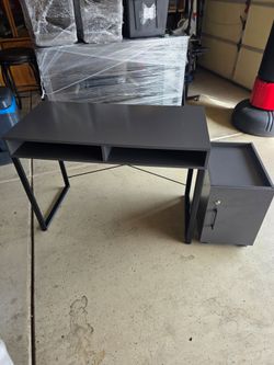 Grey and Black desk with Mobile Storage Cabinet.