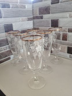 Gold Rim Etched Grapevine China Wine Glasses 6