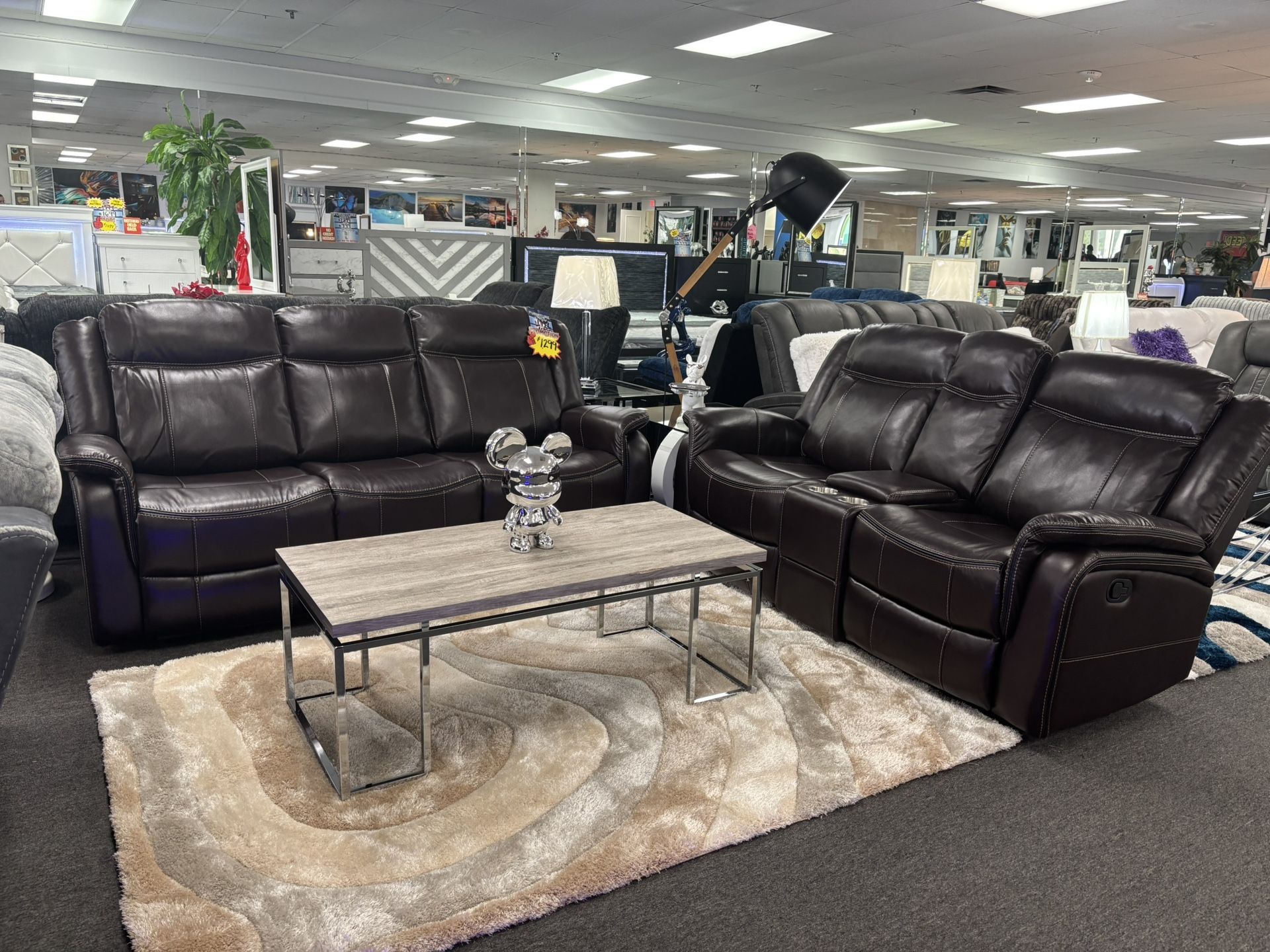 Brown Gel Leather Sofa & Loveseat Set For Sale (furniture Assembly) Reclining W/ Cup Holders.