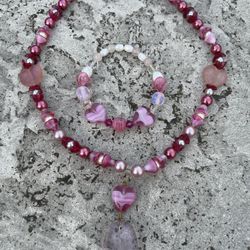 Vintage Glass And Crystal Necklace And Bracelet . With Hearts And Butterfly .