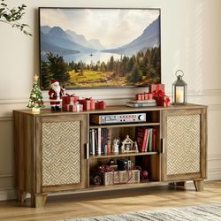 TV Stand for 65 Inch TVs, Boho TV Consoles Cabinet with Power Outlet, Modern Entertainment Center for Living Room, Media Console with Doors and Shelve