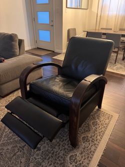 RH Black Leather Recliner Chair with Wood Arms