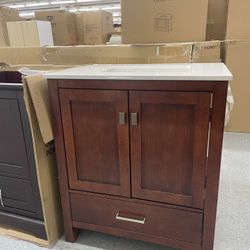 Bathroom Vanity Cabinet 30” Solid Birch Quartz Top With Sink And Backsplash