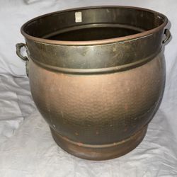 Vintage ANRI Designs Hammered Copper Brass Planter • Large Fireplace Log Bucket • Patina • Ring Handles