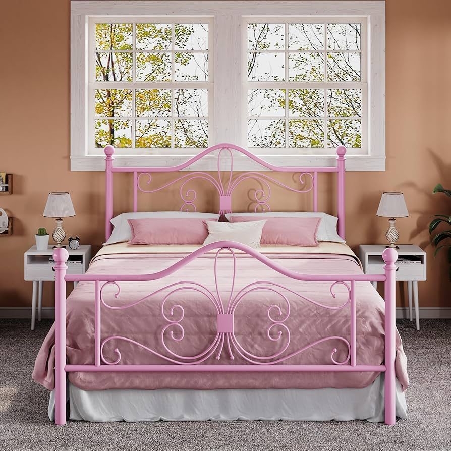 Full Size Bed Frame with Headboard,Metal Bed Frame with Butterfly Pattern Design Headboard & Footboard,No Box Spring Needed,Easy Assembly,Pink
