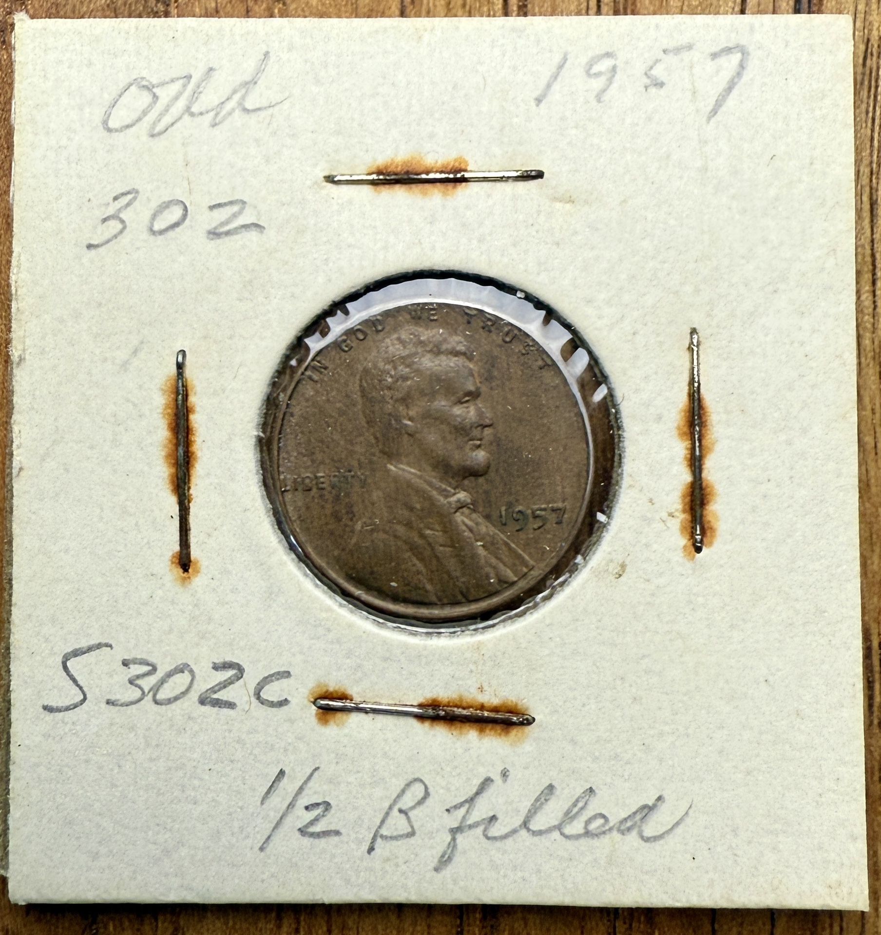 1957 Wheat Cent Penny Die Chip in "B" Mint Error 1/2 Filled B