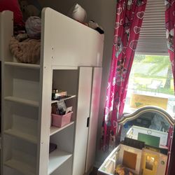 Loft Bed With Closet & Drawers-White For Girls