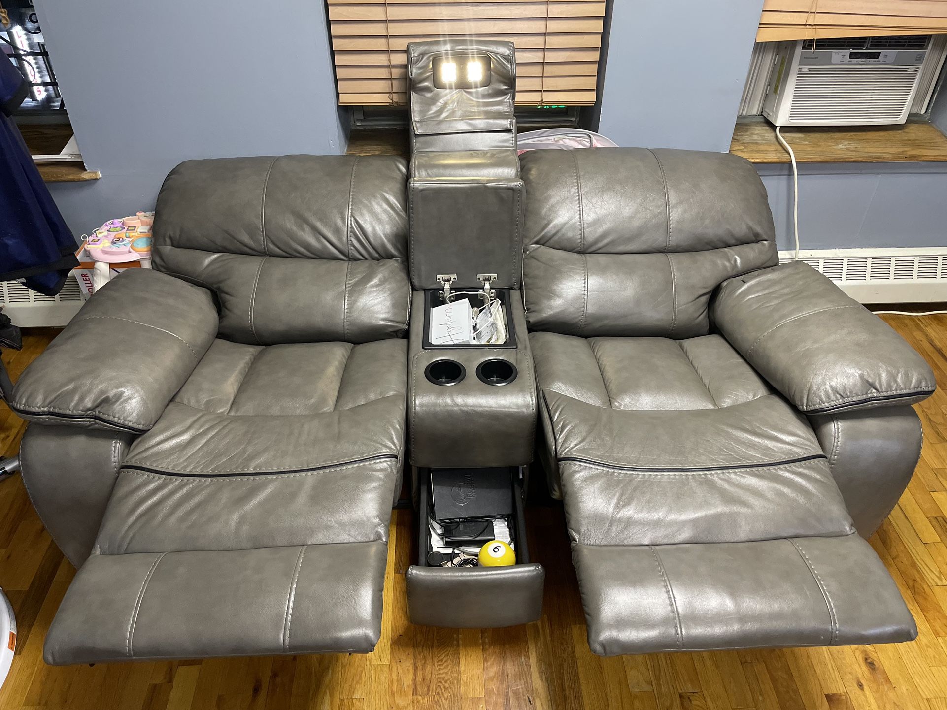 Bobs Grey Leather Reclining 2 Piece Sofa Set With Charging Ports For Charging Phones