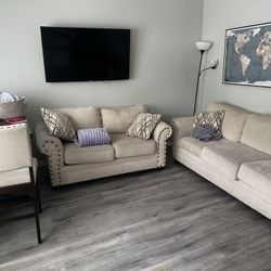 Custom Beige Sofa Set w/ Queen Pullout Bed + Dining Table & 4 Chairs – Solid Wood – Needs Cleaning