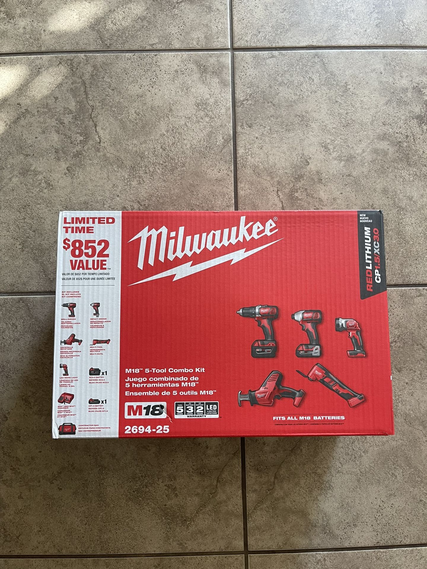 MILWAUKEEM18 18V Lithium-Ion Cordless Combo Kit (5-Tool) with (2) Batteries, Charger and Tool Bag