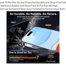 iPhone 15 Pro Max Screen Protector,Durable and Drop-Proof with 9H Hardness,Bubble-and-Dust-Free 15 Pro Max HD High-Aluminum Tempered Glass, Easy Insta