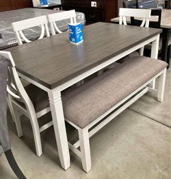 6-Person White Dining Table Set-Chairs+Table+Bench-$10 Down