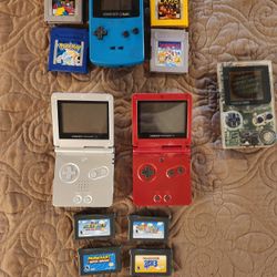 Assortment of 4 Game Boy handheld units and 9 Games sold together as an allotment *all work (but 1)READ DESCRIPTION FOR DETAILS 