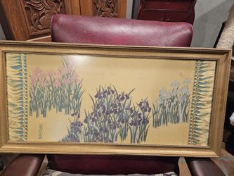 Framed Chinese Textile Iris Flowers 32x15