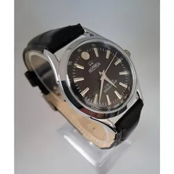 Vintage Roamer Men's Leather Mechanical Black & Silver Watch RARE