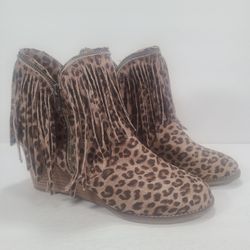 Very G Wendy Tan Brown Black Leopard Print Fringe Wedge Boots Women Size 9.5