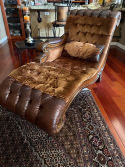 Tufted Velvet and Leather Chaise Lounge