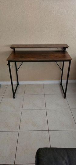 Modern Computer Desk w/ Adjustable Monitor Shelf & Built-in Power Outlets