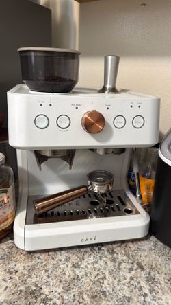 Café Bellissimo Semi Automatic Espresso Machine with Grinder & Milk Frother | Copper Accents | WiFi App Control | Large 95oz Tank | Matte White