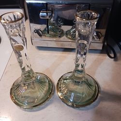 GORGEOUS LOOKING PAIR OF  CRYSTAL GLASS CANDLE HOLDERS  GREEN AND  GOLD  TRIM  PERFECT CONDITION 