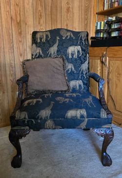 Carved Wood Armchair with Safari Animal Upholstery