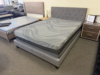 Gray Upholstered Platform Bed with Mattress