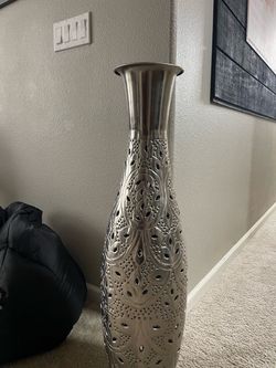 Large Silver Metal Decorative Floor Vase