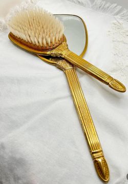Vintage Gold Vanity Set – Hand Mirror & Hair Brush – Hollywood Regency Floral Dresser Set