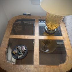 Vintage burl wood side table with smoked glass inserts