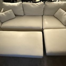 Beige 3-Seat Sofa w/ Chaise Ottoman + Storage Ottoman (Wood Tray Top)